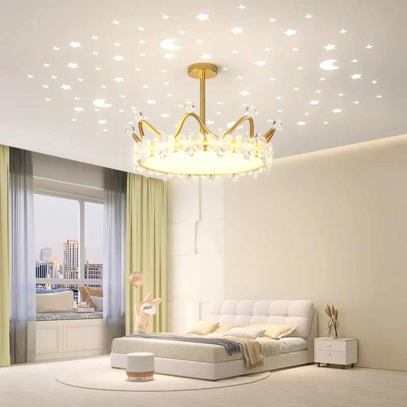 Crystal Crown Ceiling Lights Starry Sky Projector Light Scandinavian Luxury Boys Girls Bedroom Living Room Decor Ceiling Lamps