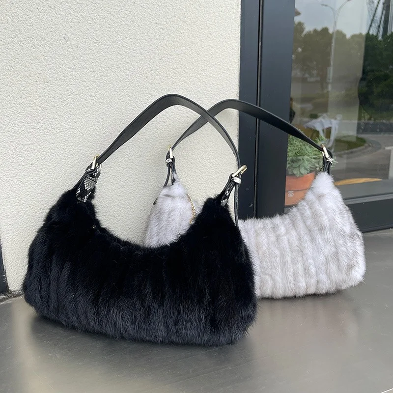 Bolso de hombro de piel de visón delicado para mujer, bolso de mano artesanal de retazos de piel de visón de lujo, bolso de hombro elegante de alta calidad