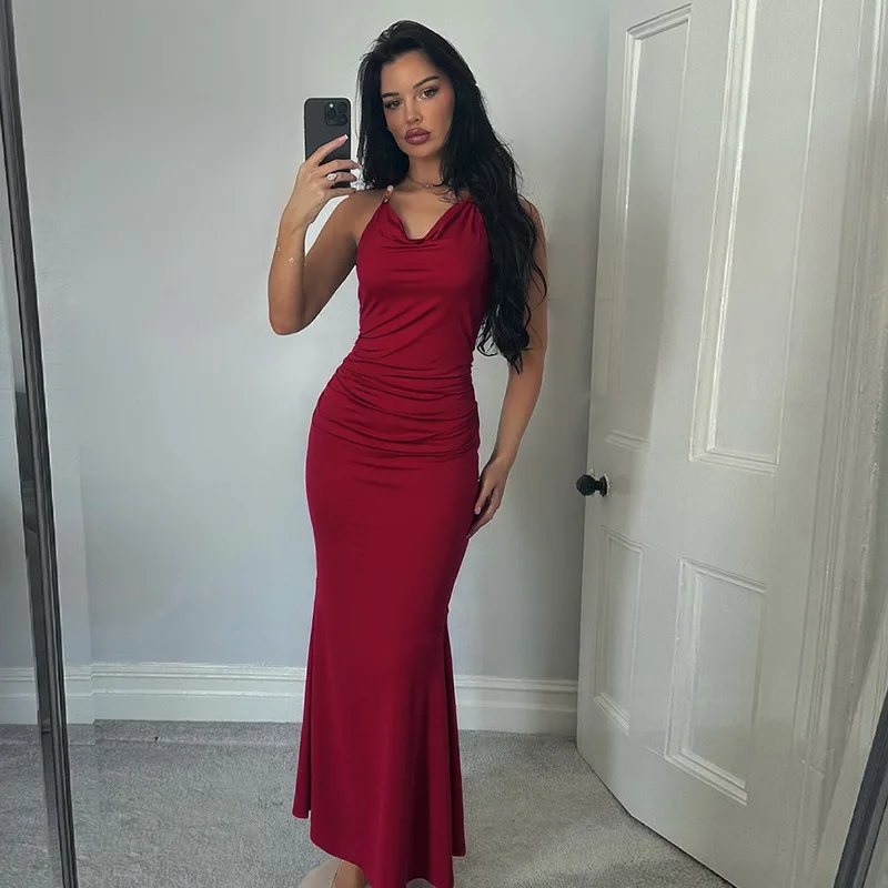 

Halter Pleated Bead Women's Evening Dress Backless Sleeveless Bandage Gown Elegant Red Sheath Party Skirt New Arrival In Stock