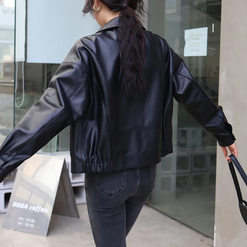 Kurtki i płaszcze damskie ze 100% prawdziwej skóry, jesień 2025, codzienne, jednorzędowe, z klapami, długi rękaw, luźne krótkie kurtki ze skóry owczej.