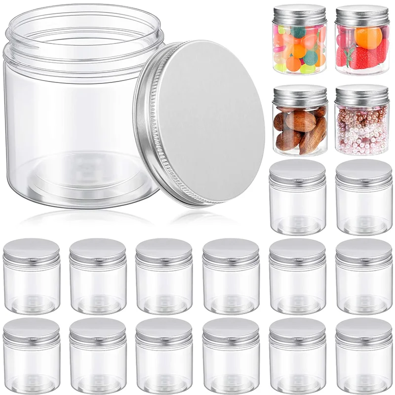 

50pcs 20ml-150ml Plastic Jars with Silver Lids Empty Containers Refillable Food Candy Jars for Travel Kitchen Home Craft Storage