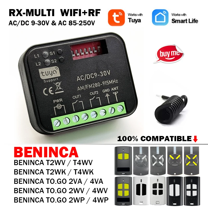 RX MULTI Tuya 300 to 868 MHz WIFI Receiver For BENINCA TO.GO VA WV WP 2VA 4VA 2WV 4WV 2WP T2WV T2WK 433 MHz Gate Remote Control
