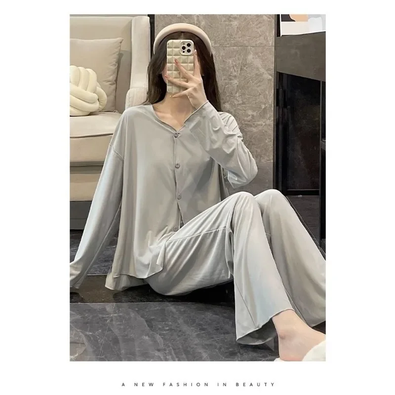 Pajamas Female Spring and Autumn Can Be Worn Outside Simple Two Sets of Home Clothes Korean Version Long-sleeved Trousers V-neck