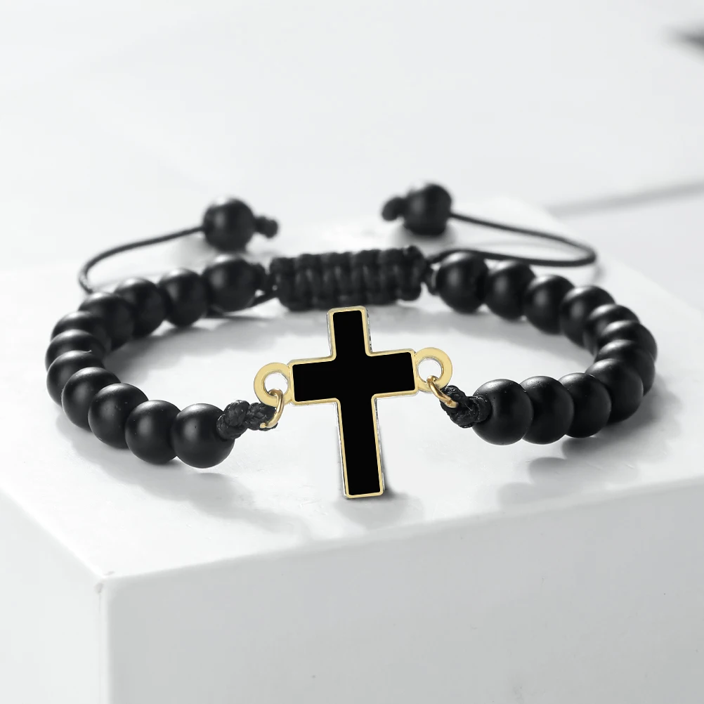 النساء الصليب سوار 6 مللي متر الوردي الكوارتز الأسود الجزع الحجر الطبيعي الخرز أساور اليدوية الرجال الإسورة قابل للتعديل الصلاة اليوغا مجوهرات #2