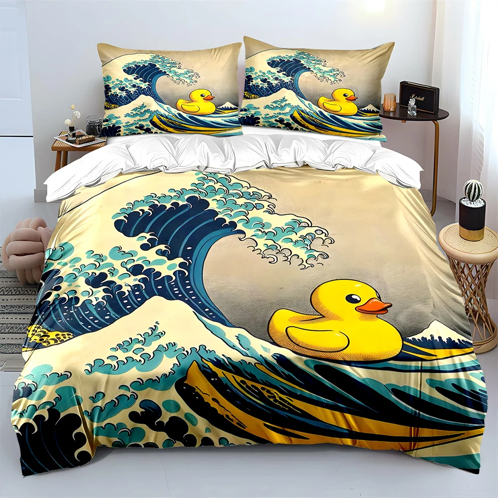 

Yellow rubber duck on Kanagawa Waves Print Bedding Set 1 Duvet Cover 2 Pillowcases for Adult and Children Luxury Gift Full Size