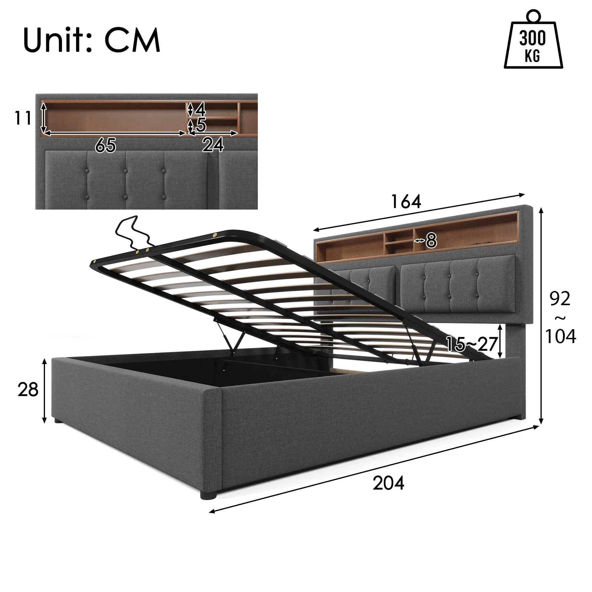 VSOGA 160x200 CM Upholstered Double Bed, Headboard With USB C Socket Charging Function, Storage Space , (mattress Not Included)