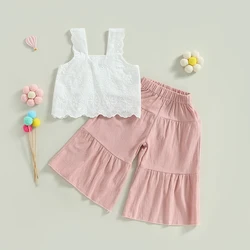 0-6 Years Kids Girl Outfit Ruffled Sleeveless Floral Print Crop Top and Elastic Waist Wide Leg Pants Set Baby Girl Summer Sets