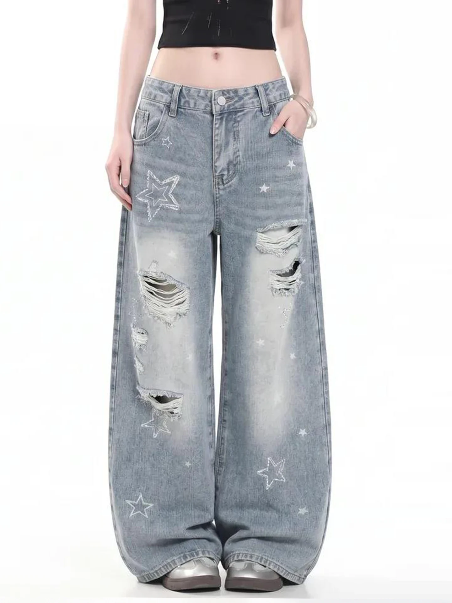 Retro American Star Hole Straight Leg Denim Jeans Women Summer Loose Casual Washed Wide Leg Jeans Casual Machine Embroidery