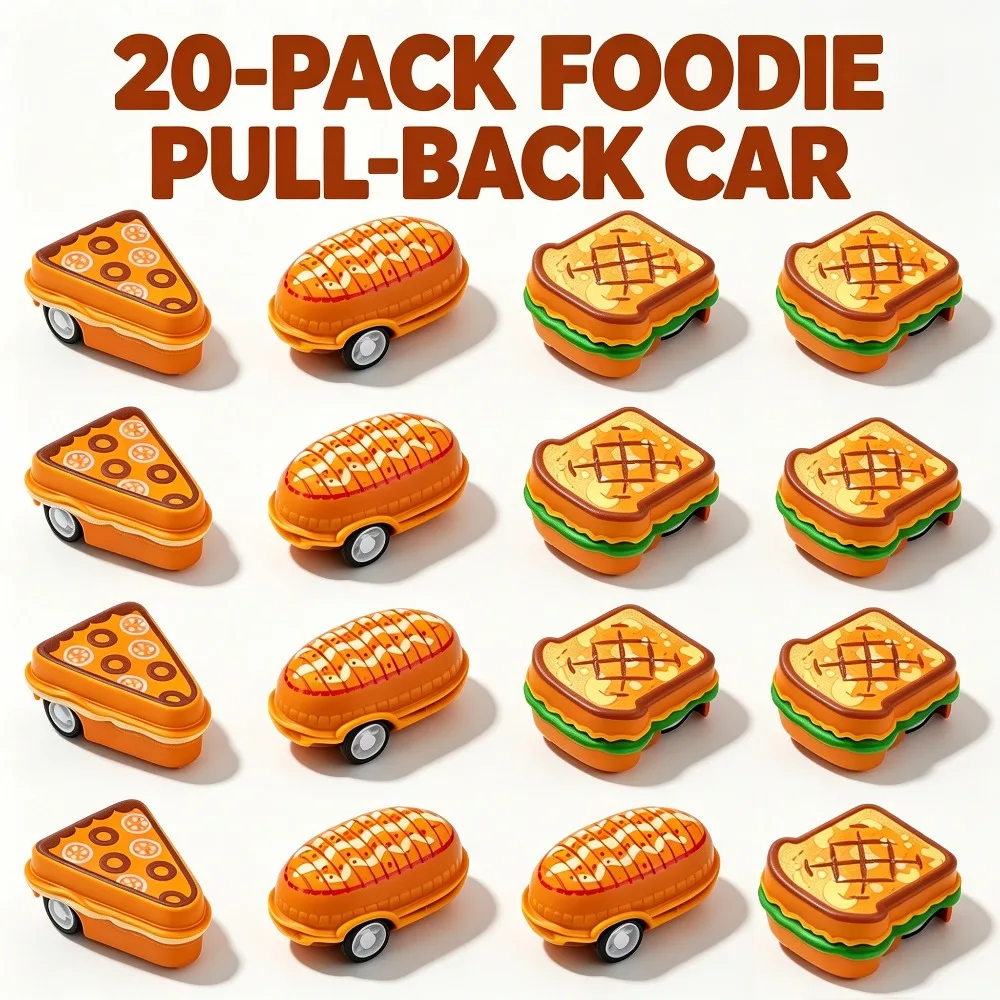 20 Pack Pull Back Toy Cars, Food Themed Miniature Vehicles, Pizza Sandwich Bun Shapes, Friction Powered, Party Favors