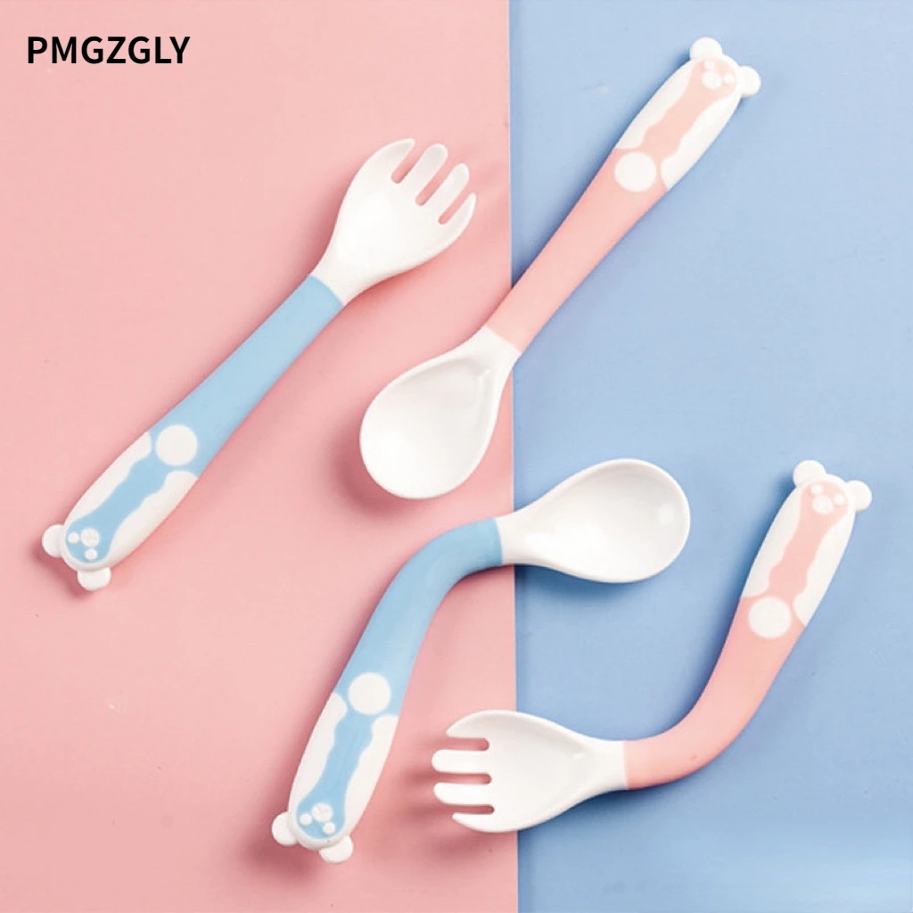 2 PC Spoon+Forks Candy Color Baby Spoon Fork Set Solid Training Feeding Safe Pacifier Bending Learning Flatware Utensils Feeding