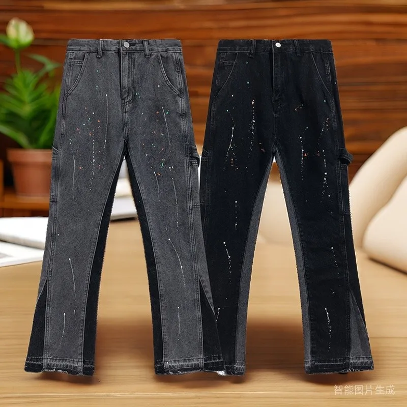 Pantalones vaqueros pintados con bordado de tinta de salpicaduras para hombre, pantalones acampanados largos huecos 3D suaves, montaje, reparación