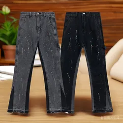 Pantalones vaqueros pintados con bordado de tinta de salpicaduras para hombre, pantalones acampanados largos huecos 3D suaves, montaje, reparación de Hip Hop, algodón elástico de calle alta