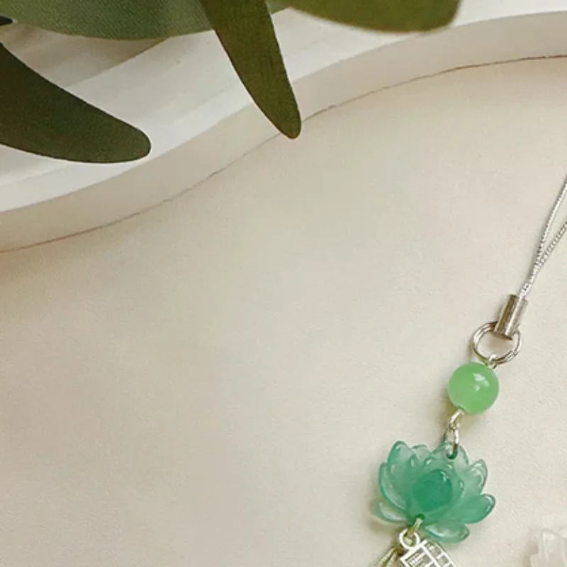 Lotus Flower Pendant Keychain Phone Chain Beads Decoration Chinese Style Accessories Gifts Camera Chain Bag Pendant