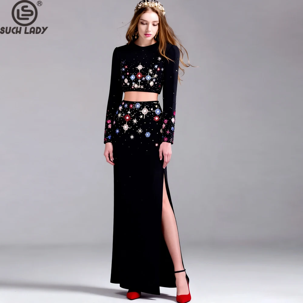 Women's Beaded Long Sleeve Crop Top and Maxi Skirt Set - Elegant Starry Night 2 Piece Outfit with Side Slit for Party, Evening,