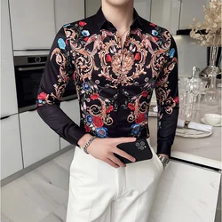 Gold Printed Shirt 2022 Spring Brand Men's Striped Long-Sleeved Shirt Men Social Clothing Club Prom Shirt Slim Men's Streetwear