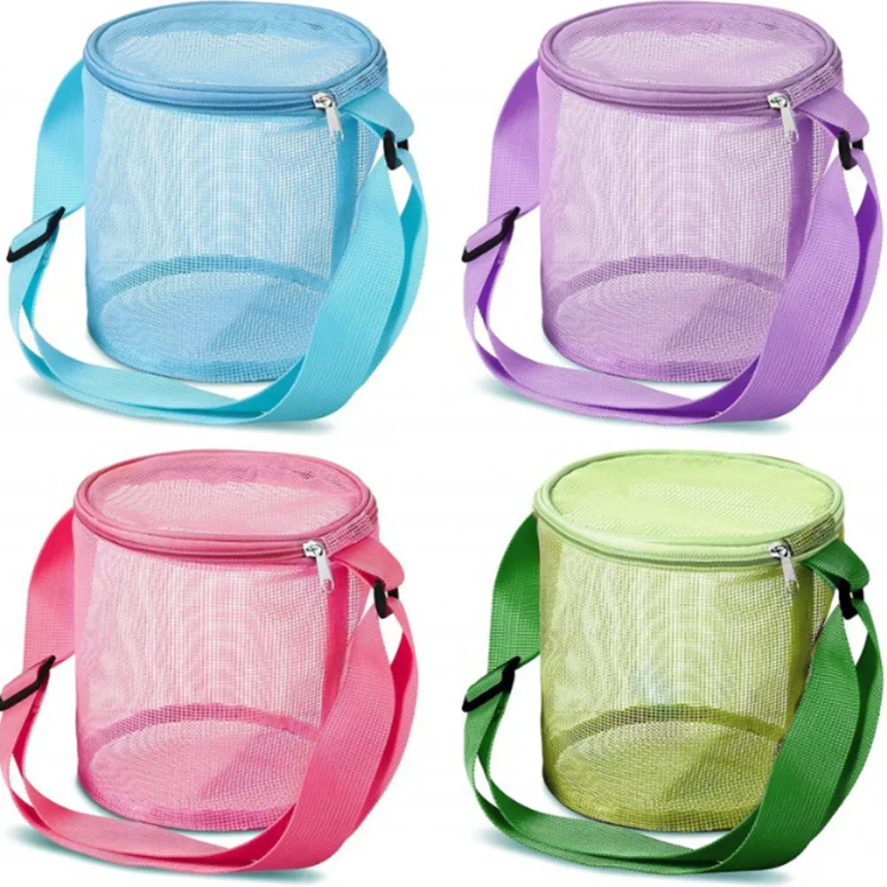 

Children's mesh shell storage bag beach three-dimensional round sand bucket toy collection bag with Adjustable Carrying Straps