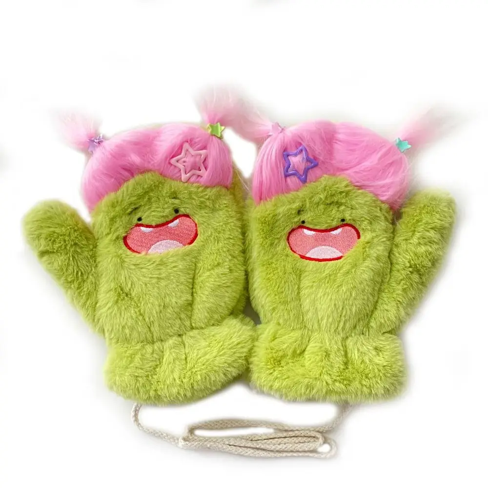 น่ารักตุ๊กตาถุงมือผมหางม้าคู่Windproofถุงมือหางม้าคู่หนาWarm Full Fingerถุงมือผ้าฝ้าย