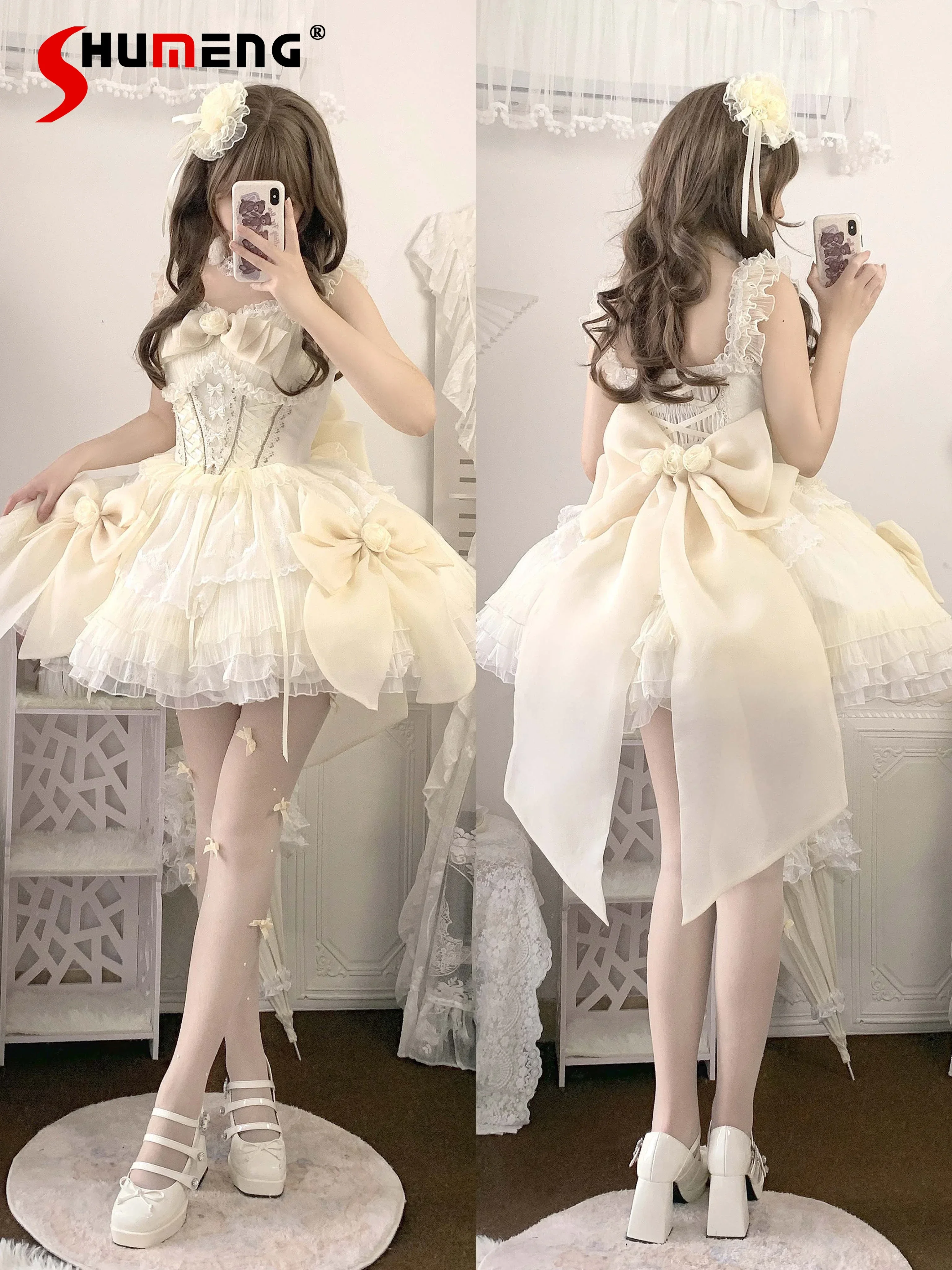 

Original Lolita Gentle Wedding Dress Female Sweet Cute Girls Big Bow Trailing Slim Elegant Princess Party Dress Summer Vestidos