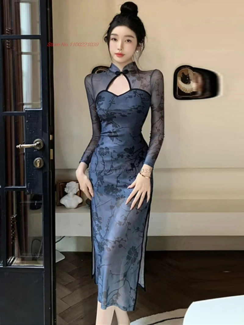 

Китайское сексуальное платье 2021, улучшенное Cheongsam с национальным цветочным принтом, эластичное Ципао, традиционное вечернее платье для ночного клуба, банкета, Ципао