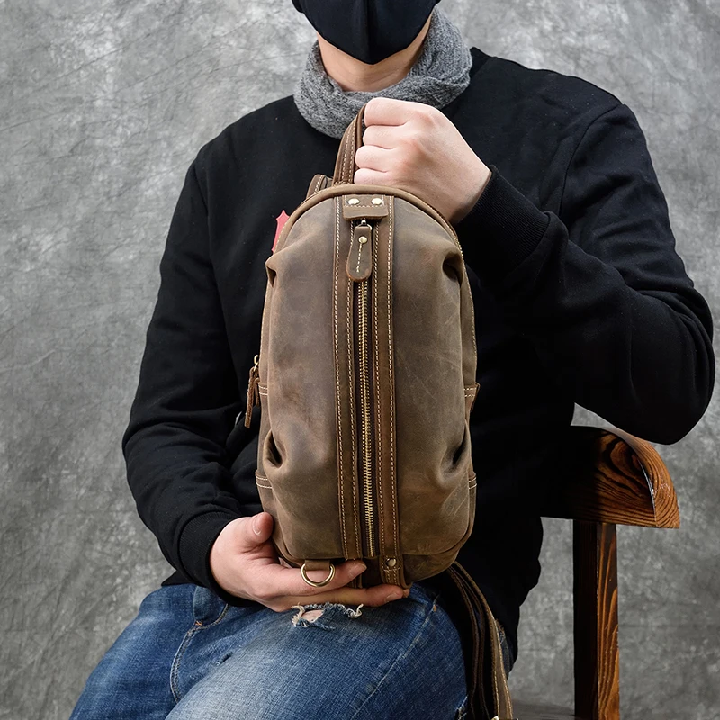 

High Fashion Men Sling Bag Vintage Chest Bag Men Solf Real Leather 100% Cowhide Crossbody Bag Cell Phone Ipad Chest Pack Male