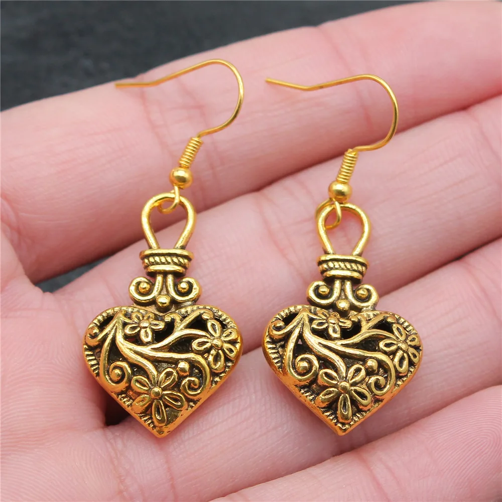 Women Vintage Drop Earrings Fashion Handmade Simple Design 2 Colors Vintage 3D Hollow Flowers Heart Pendant Earrings