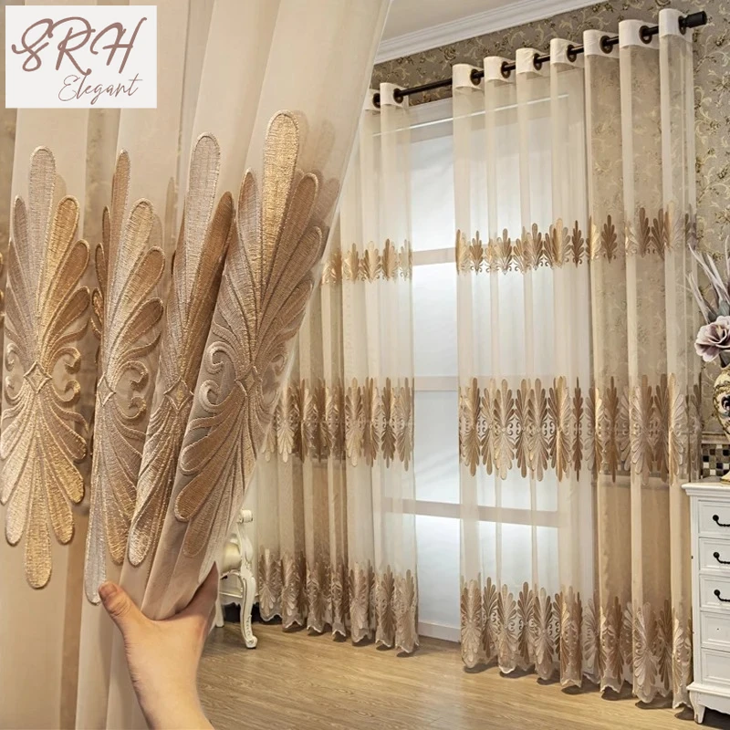 

Luxury European Villa Living Room Embroidered Curtains Simple European Bedroom Study Balcony Coffee Color Tulle Customization