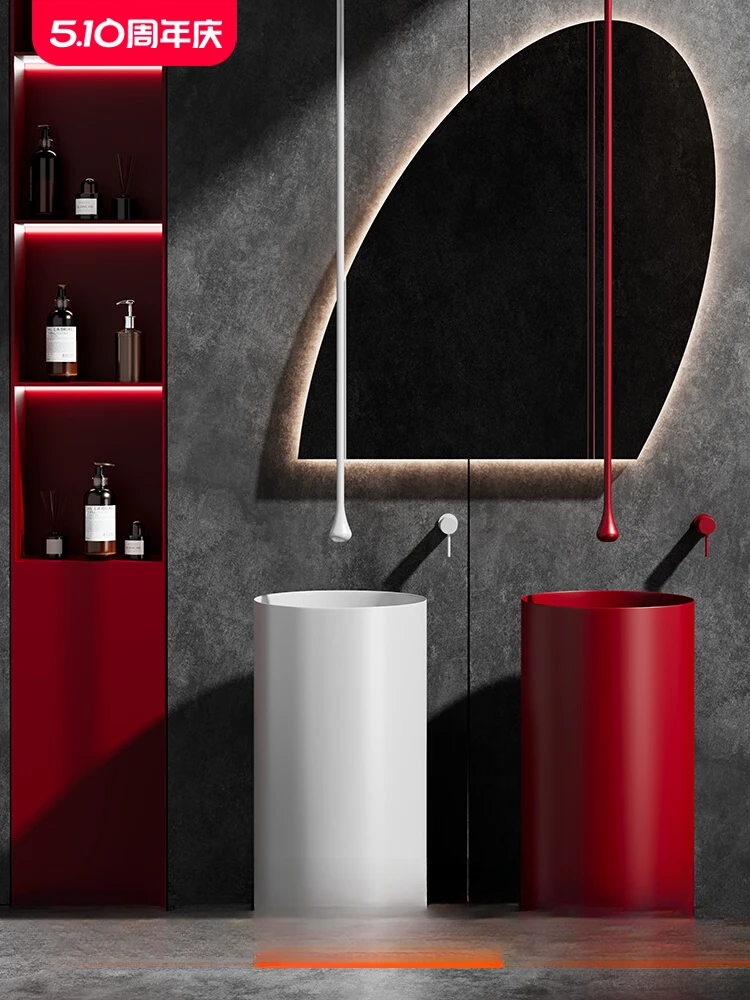 Red stainless steel column basin Hotel bathroom round floor-standing washbasin integrated column washbasin