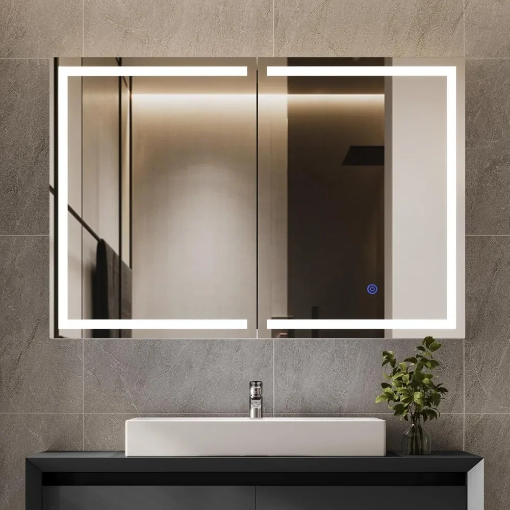 

Lighted Medicine Cabinet with Mirror, Wall Mounted Bathroom Mirror with Storage, 2 Doors Bathroom Wall Cabinet with LED Lights