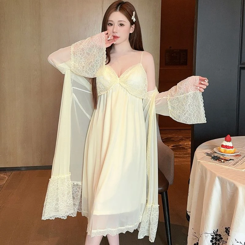 2피스 섹시 레이스 란제리 실크 새틴 나이트가운 로브 세트 (여성용) 2025 가을 한국식 목욕가운 잠옷 나이트드레스