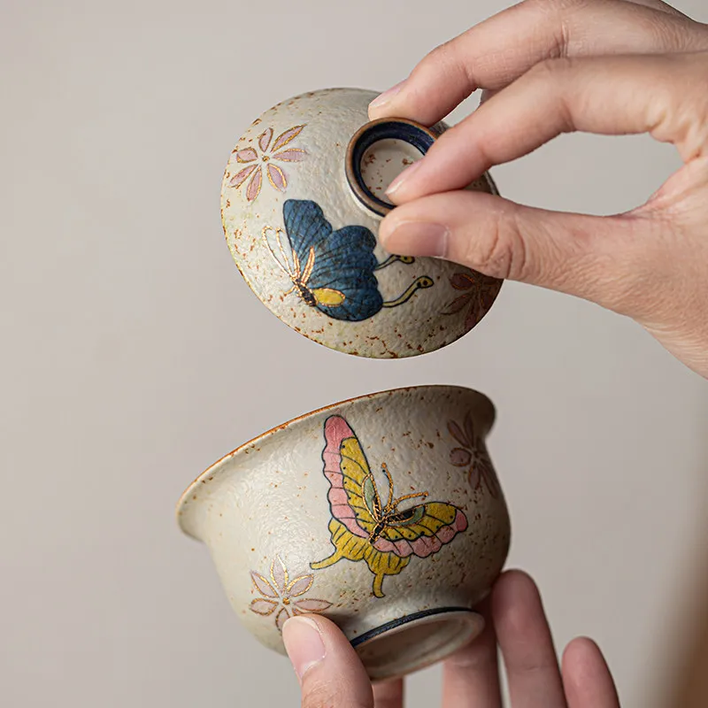 Blue and White Flint Red Hand Painted Gaiwan, Vintage Ceramic Lidded Tea Bowl for Gongfu Brewing and Home Tea Tables