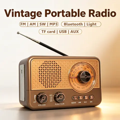 Radio portable vintage à bande complète rechargeable FM AM SW, récepteur radio, haut-parleur Bluetooth sans fil, boîte à musique avec lampe torche LED