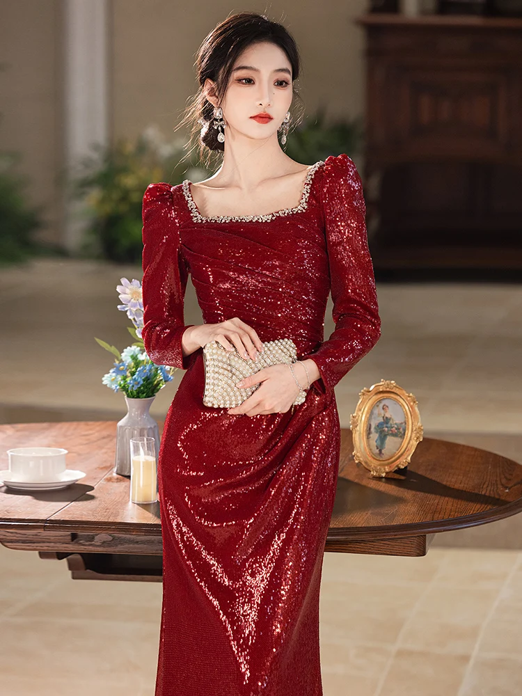 

Красное вечернее платье с длинными рукавами, пайетками и юбкой-русалкой, с завышенной талией, в корейском стиле, для свадеб, выступлений и торжественных мероприятий