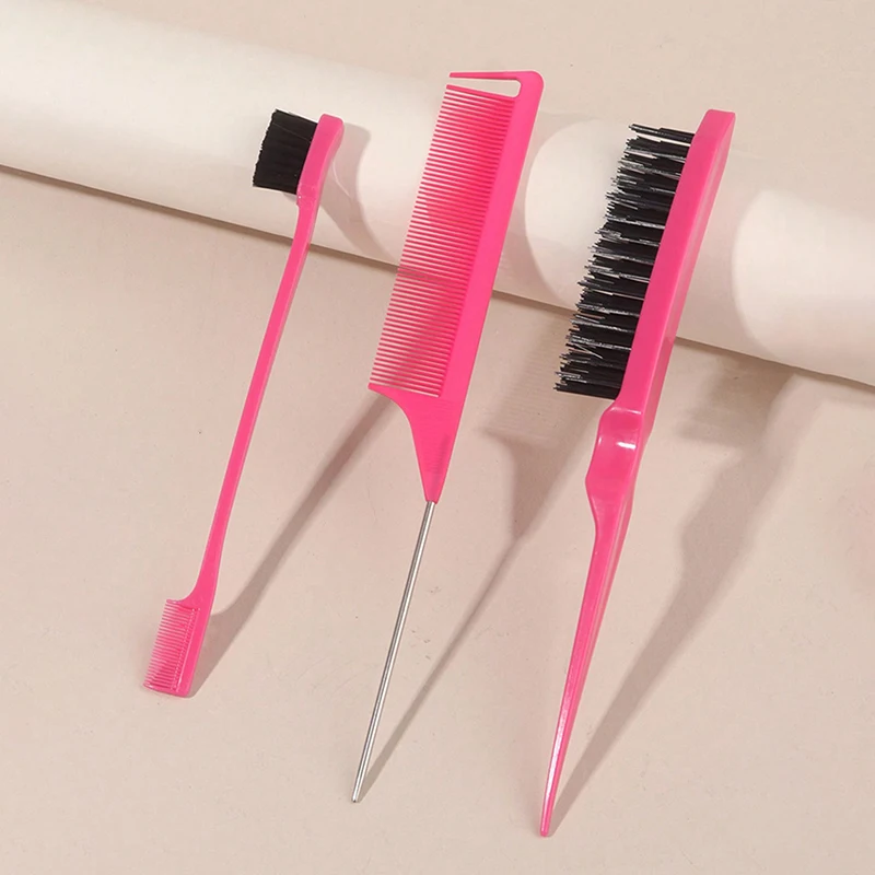 3Pcs Solid Color Hair Styling Comb Hair Brush Set Teasing Edge Brush Rat Tail Comb Double-sided Brush Hair Styling Comb Set