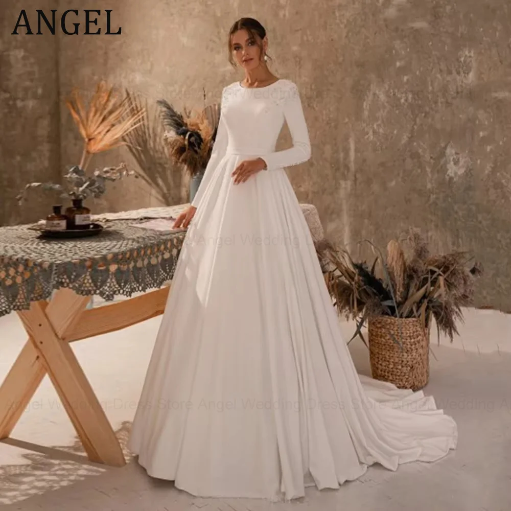 فستان زفاف إسلامي مخصص من ANGEL 2026 برقبة دائرية فستان زفاف متواضع مطرز باللؤلؤ وزر على شكل حرف A سويب تراين فيستدوس دي نوفيا #1
