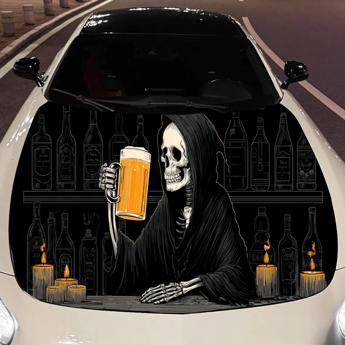 

Beer and the Grim Reaper Car Hood Vinyl Stickers Car Surface Protection Decal Car Decoration Cover Vinyl Wraps Waterproof Self-a