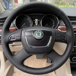 For Skoda Octavia a5 Superb 2012 2013 hand stitched non-slip black Genuine Leather Car Steering Wheel Cover