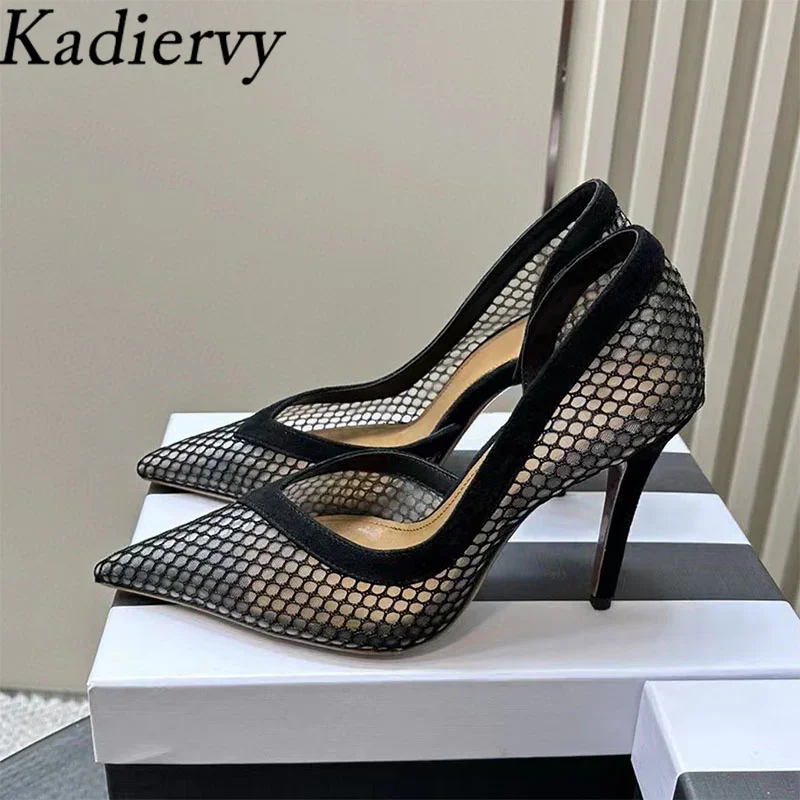 Zapatos de tacón alto sexys para mujer, calzado de vestir de fiesta ahuecado de malla, punta estrecha, Stiletto de pasarela, Verano