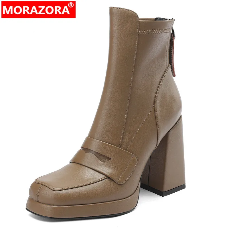

MORAZORA 2024 New Genuine Leather Handmade Platform Boots Women Fashion Zipper Winter Boots Square Toe Ankle Boots For Women