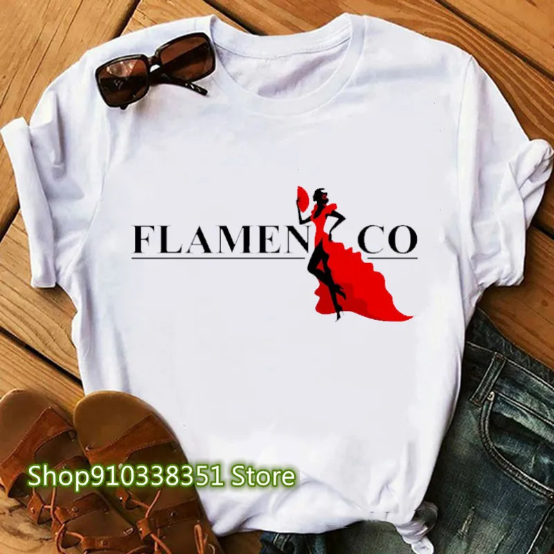 Women T Shirt Flamenco Art Print T Shirt Dancing Shirt For Lady Yong Girl Tee Tops Fashion T-shirt Harajuku White Short Sleeve