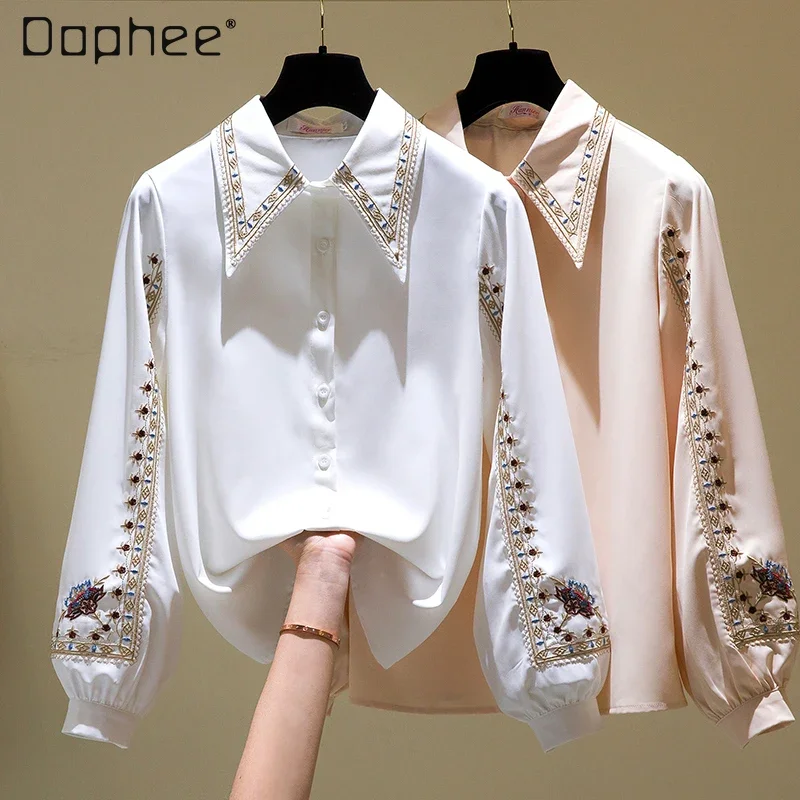 Women\'s Spring Doll Collar Embroidered Straight Long Sleeve Shirt 2023 New Lady White Polo Collar Fleece-Lined Bishop Sleeve Top