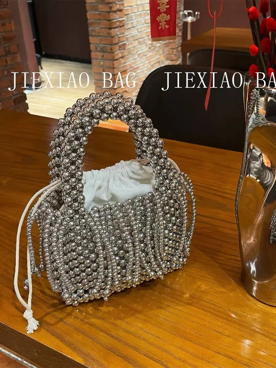 Silver Beads Beading Woven Handmade Square Bag Fashion Tassel Hollow Out Women's Handbag Lady Purse Holiday Vacation Casual Bag