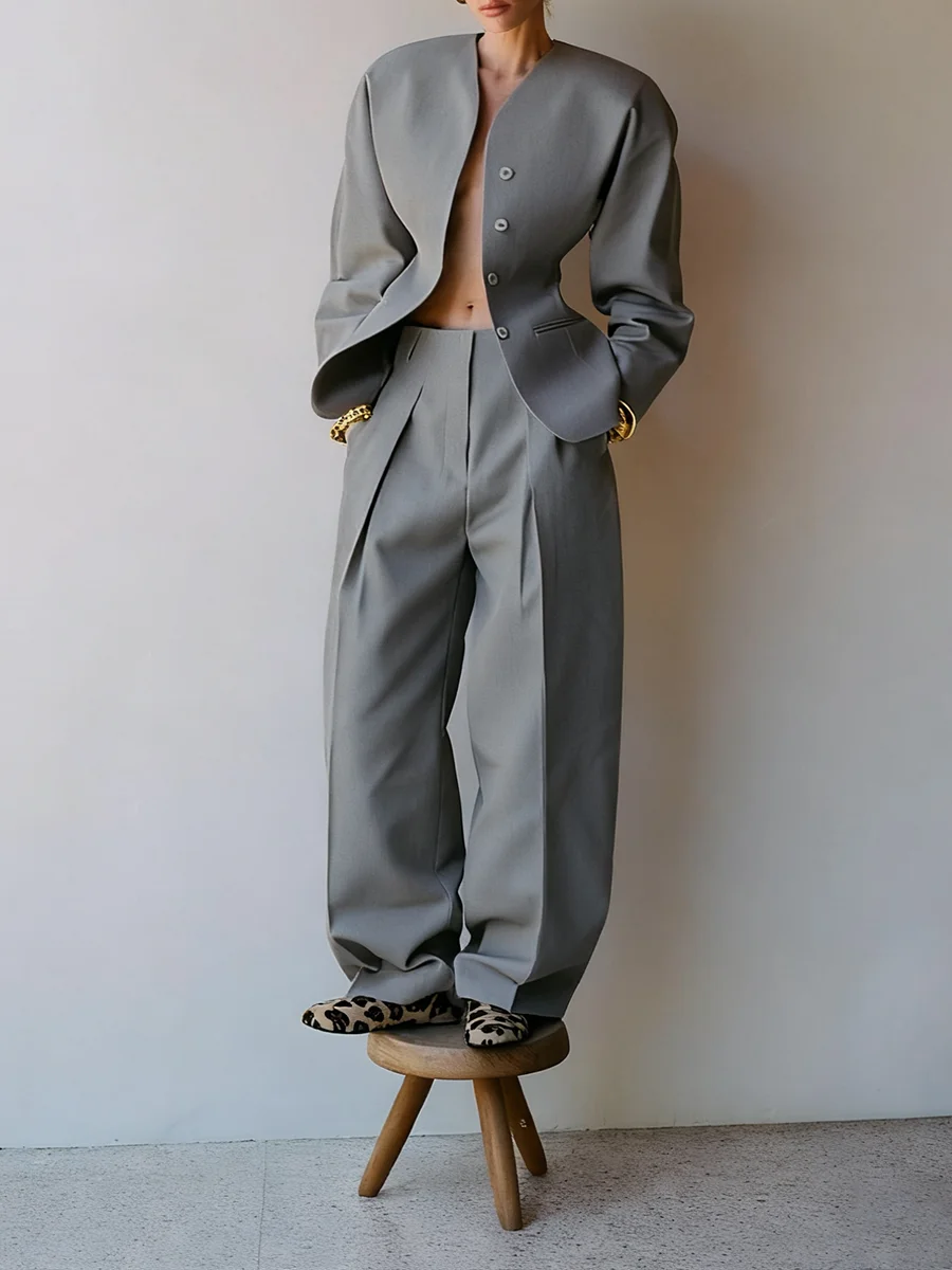 TWOTWINSTYLE موضة قطعتين مجموعات للنساء الخامس الرقبة طويلة الأكمام تونك السترة عالية الخصر واسعة الساق بانت مزاجه مجموعة الإناث