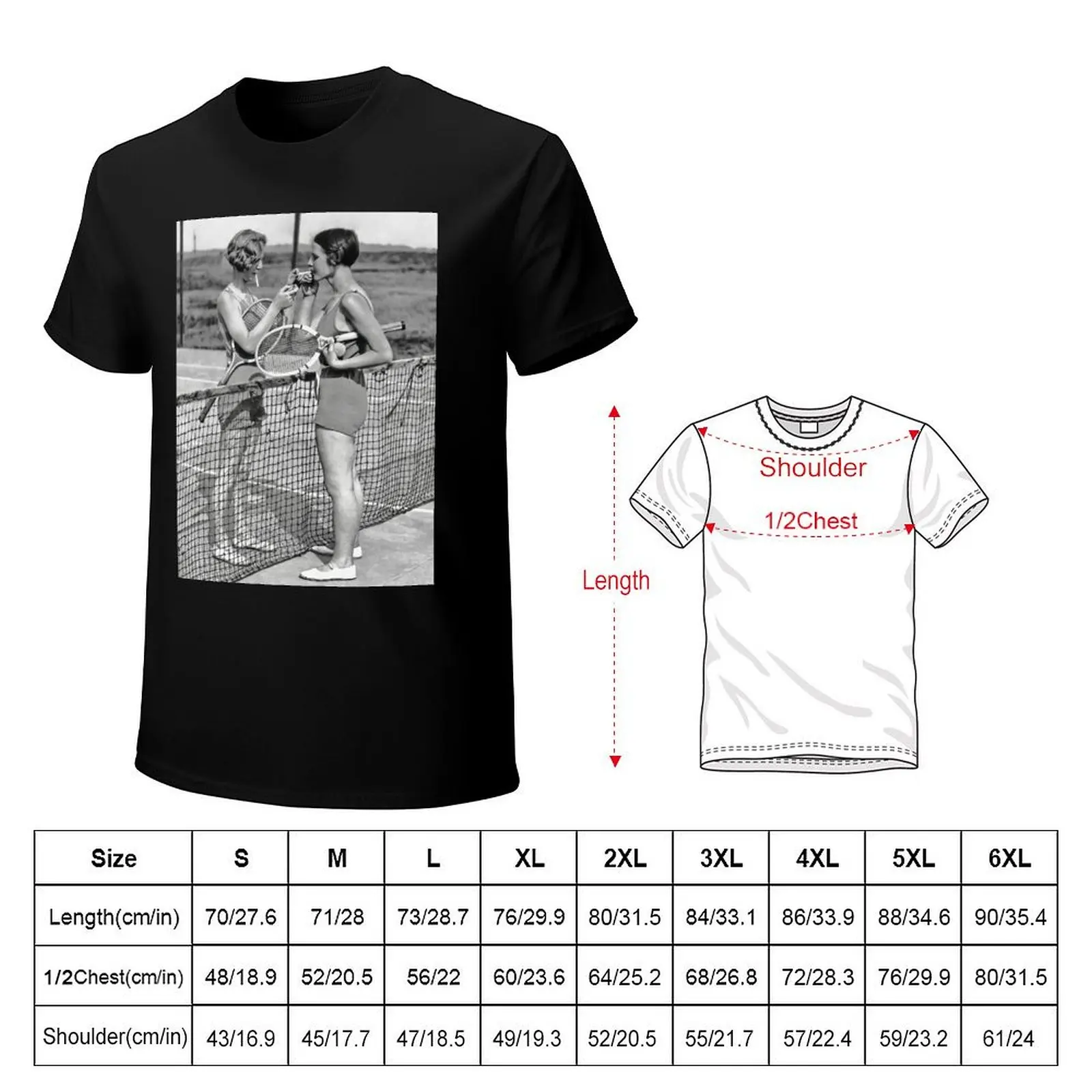 Women Tennis Players, Cigarette Break, Vintage Black and White Art T-Shirt Basic Plain Short Sleeve Crew Neck Tee