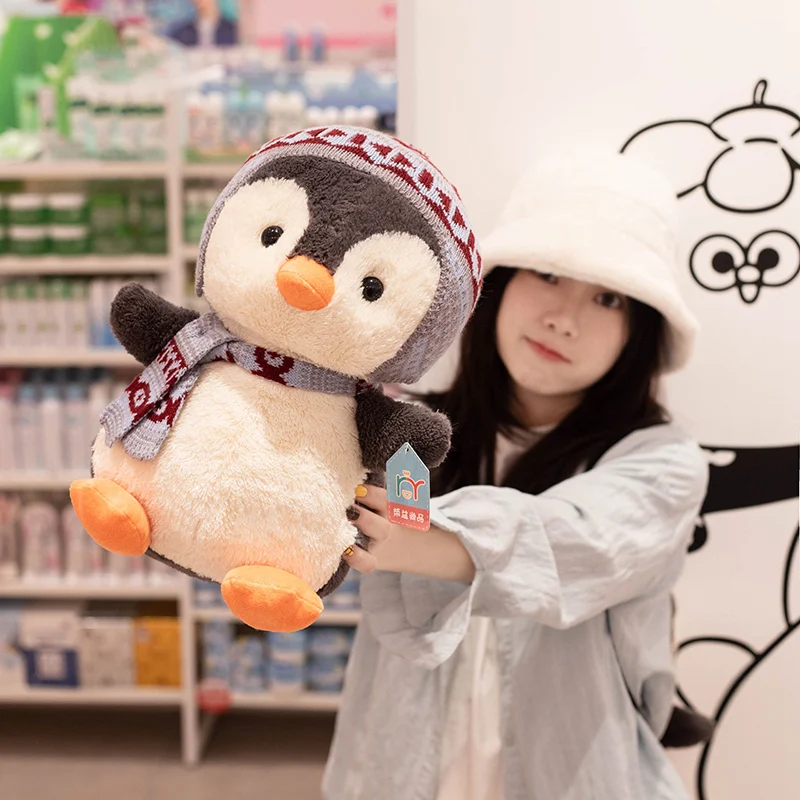 25cm/30cm/35cm Sweet Cute Winter Dressed Up Cartoon Penguin Plush Doll Soft Fluffy Knitted Scarf Hat Penguin Doll Nice Gift