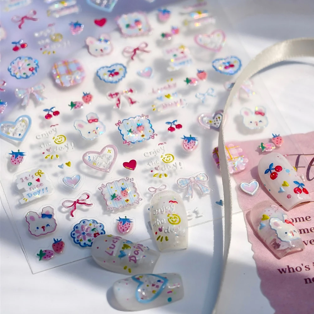 

Lovely Graffiti Rabbit Bowknot Love Strawberry Cherry Bunny Shiny 3D Self Adhesive Nail Art Sticker Cute Cartoon Manicure Decals