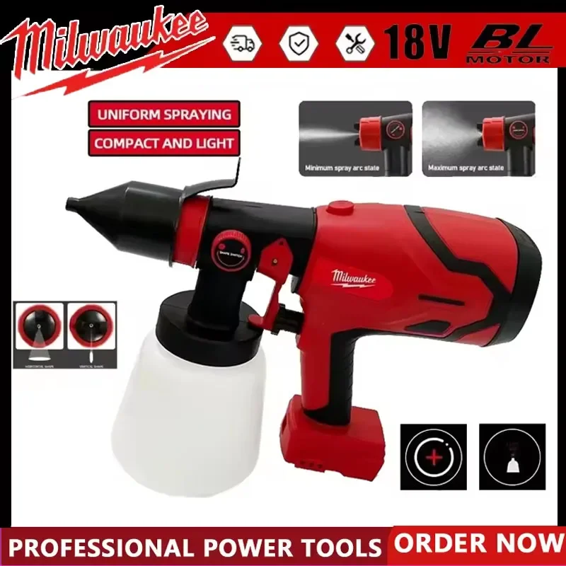

Milwaukee 800ML Cordless Electric Spray Gun Red Paint Sprayer for Auto Furniture Steel Coating Compatible with Airbrush