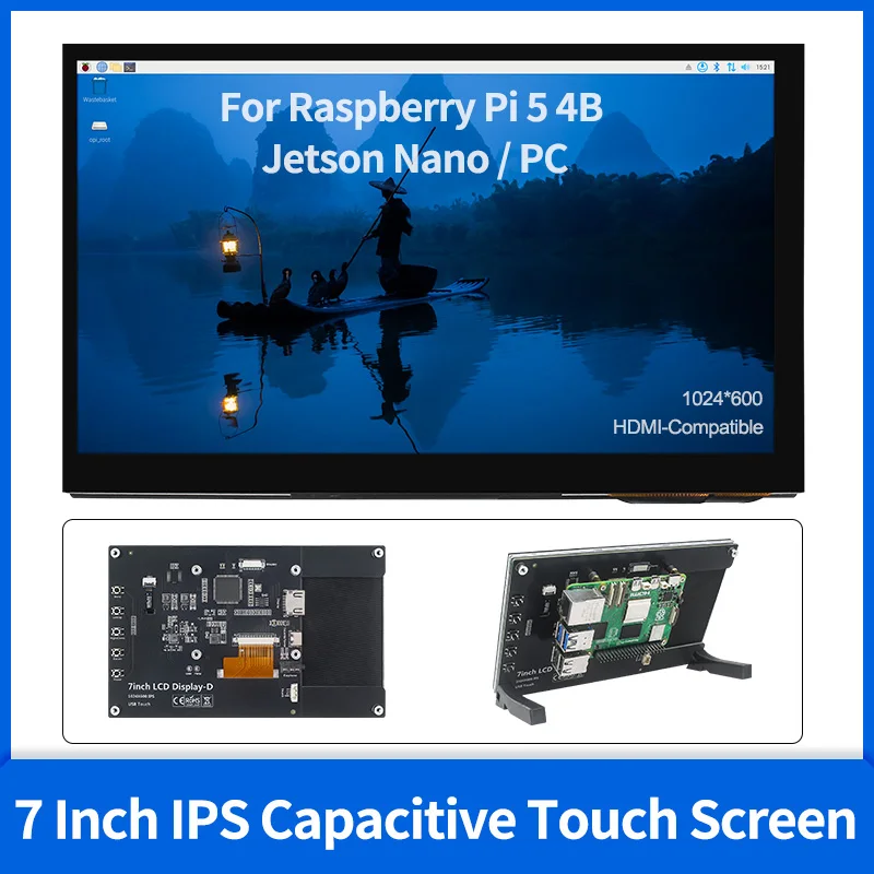7 Inch IPS Screen 1024*600 Capacitive 5-Point Touch Monitor HDMI-Compatible HD Display for Raspberry Pi 5 4B Jetson Nano PC