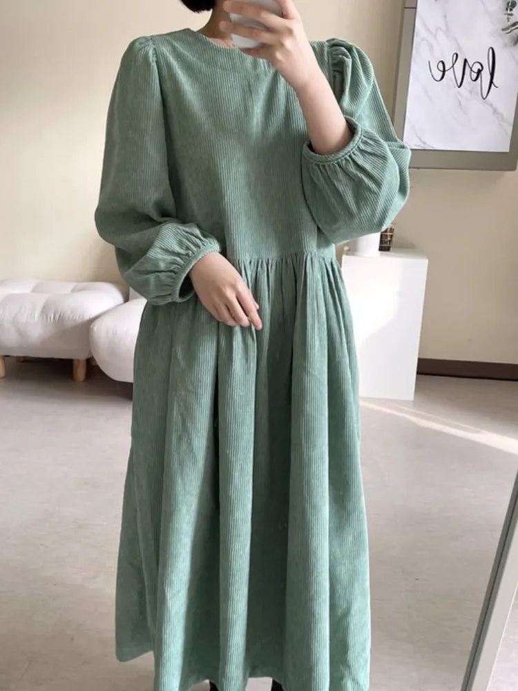 Vestido Retro Coreano de Estilo Hoado con Cuello Redondo de Terciopelo y Mangas Abullonadas, Ropa de Calle de Manga Larga p...