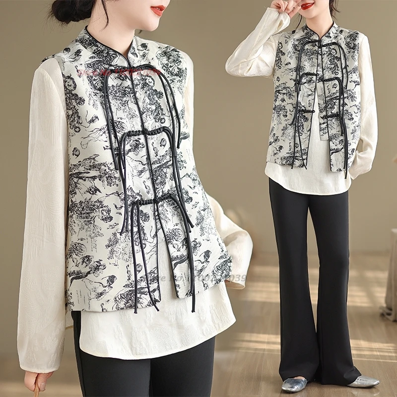 Tops hanfu vintage para mujer, chaleco étnico tradicional chino, chaleco con cuello levantado de jacquard nacional, chaqueta oriental sin mangas 2023