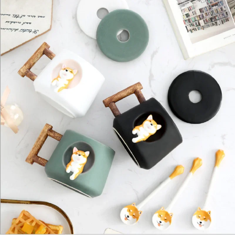 

Cute Lid Water Cup Personality Inu Gift Coffee With Ceramic Household Creative Mug Milk Shiba Spoon Tea Couple Set For